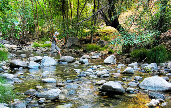 Day visits at Tassajara, hiking across a stream