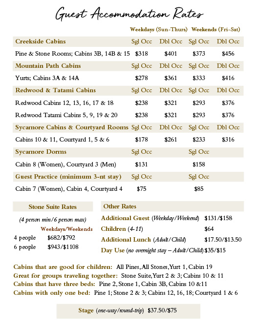 2020 Tassajara Room Rates